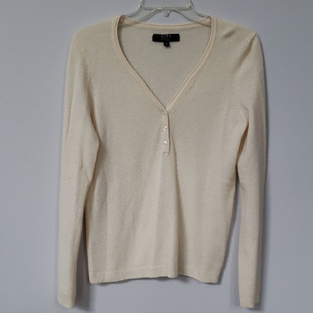 Alex Marie Cashmere Cream 3 Button V-Neck Women's Medium Sweater Old Money